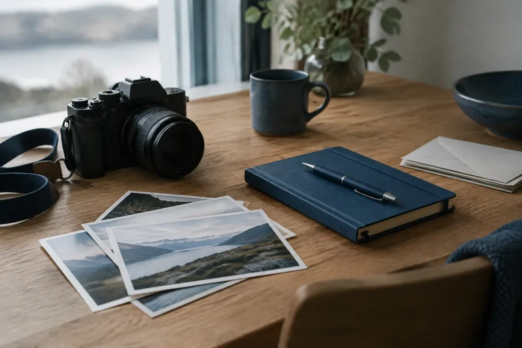 Kamera, fotografier och en anteckningsbok på ett skrivbord
