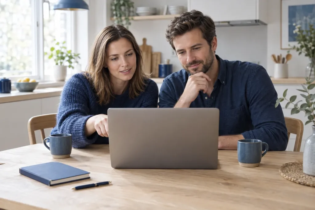 Par vid köksbordet räknar på ett lån tillsammans framför en bärbar dator