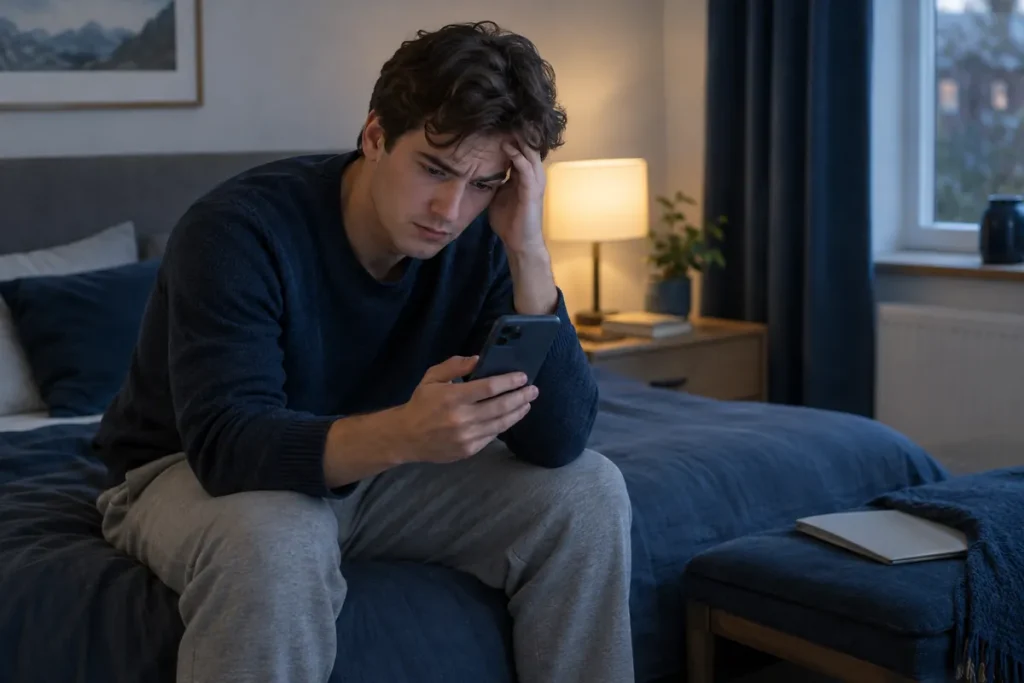 Ung man sitter på sängkanten sent på kvällen och tittar oroligt på mobilen