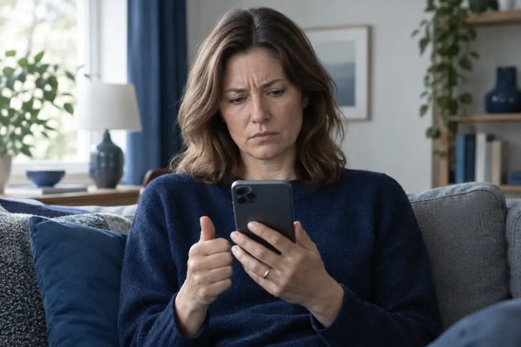 Kvinna i soffan tittar misstänksamt på ett meddelande i mobilen