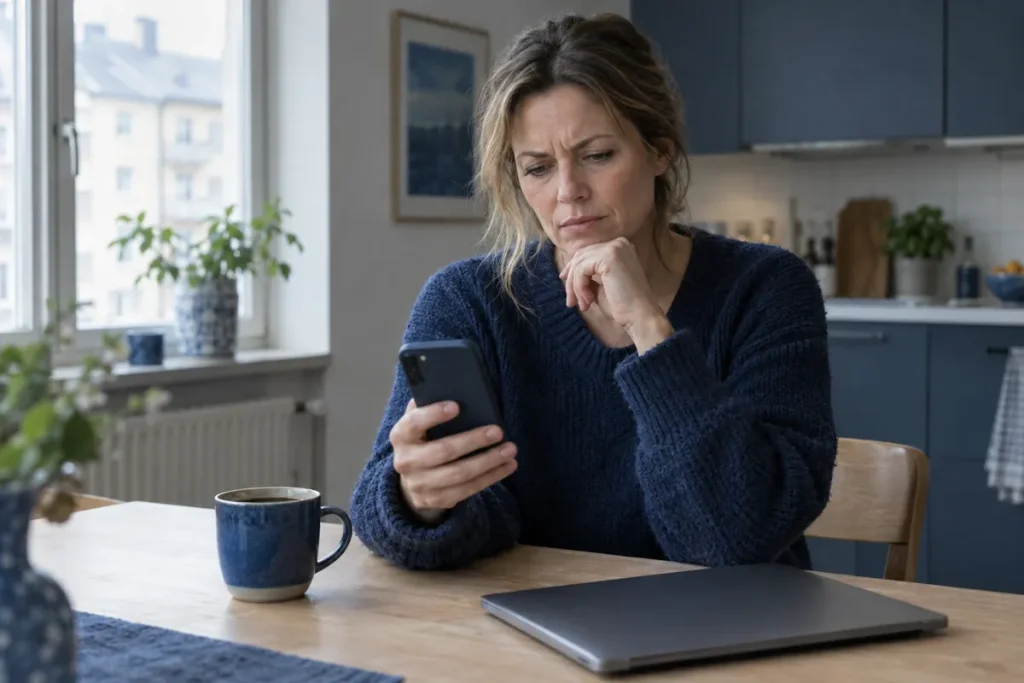 Kvinna vid köksbordet tittar misstänksamt på ett sms i mobilen