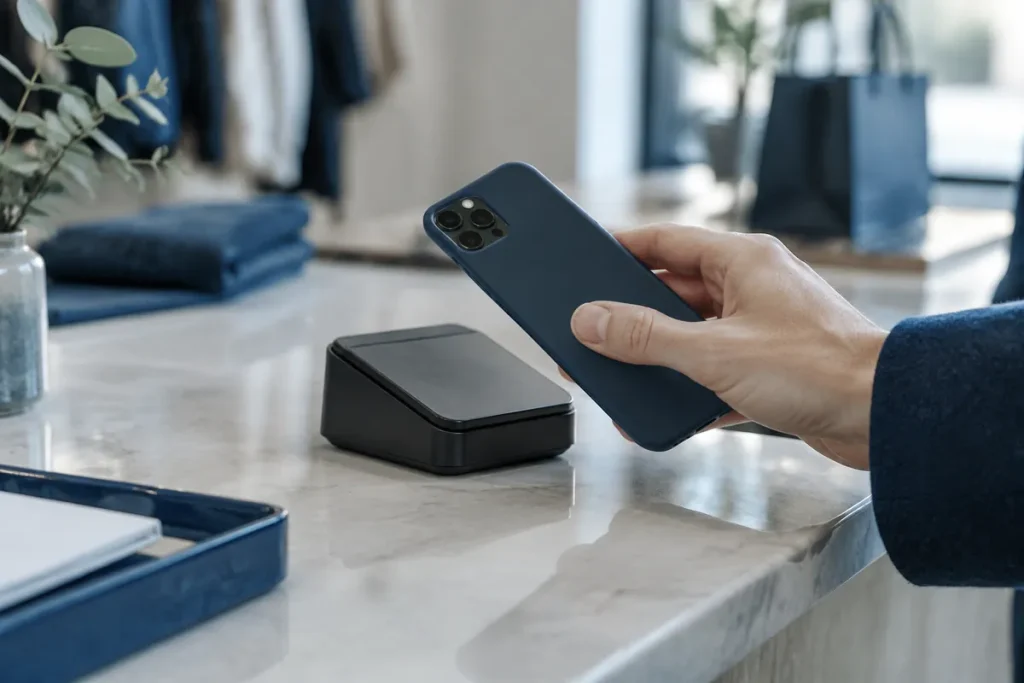 Hand som betalar med mobilen mot en kortläsare i en butik